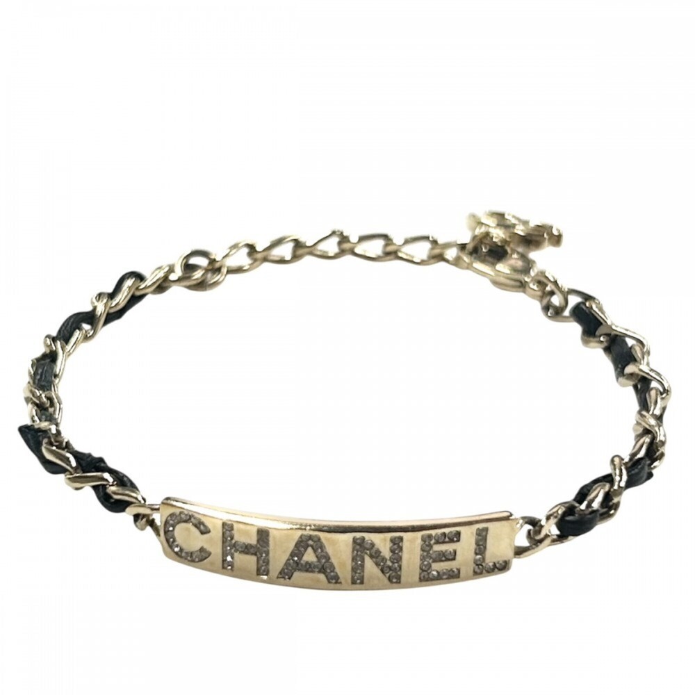 CHANEL Black Leather Logo Charm Bracelet